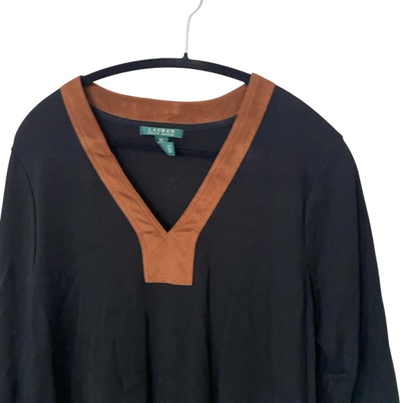 Ralph Lauren Black Sheath Dress with Brown V-Neck Long Sleeves - Picture 3 of 7